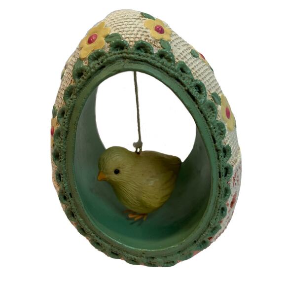 Decorative Easter Egg Hollow Dangling Chick Green Lace Ceramic Easter Figurine - Picture 6 of 7